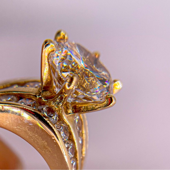 Gold Tone Round Cute Cubic Zirconia with Rows Stones Beneath Ring - Picture 3 of 8